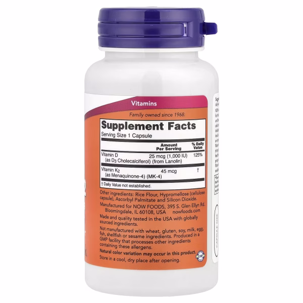 NOW Foods, Vitamin D-3 & K-2, 120 Capsules - Image 2
